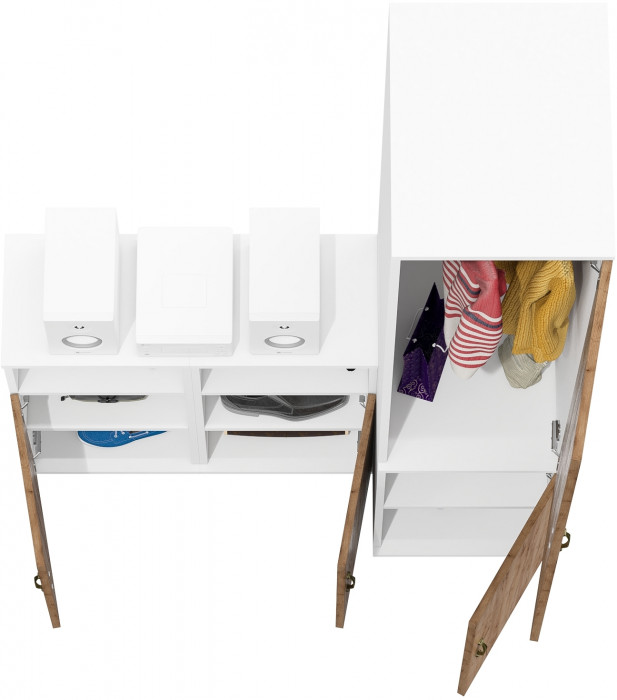 Лидер-8 Пенал МД 23Б + Тумба МД 3.19 + Тумба МД 3.19, цвет белый шагрень/крафт золото, ШхГхВ 120х50х190 см., универсальная сборка