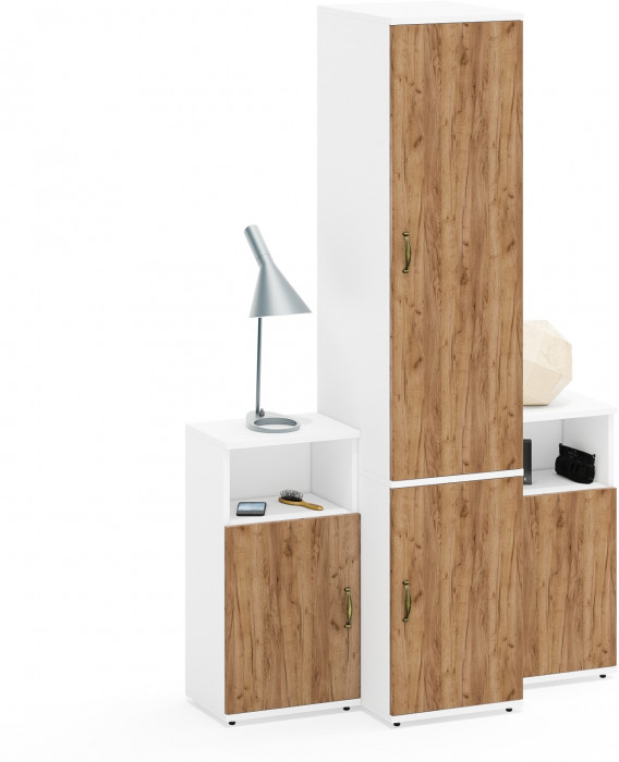 Лидер-8 Пенал МД 23Б + Тумба МД 3.19 + Тумба МД 3.19, цвет белый шагрень/крафт золото, ШхГхВ 120х50х190 см., универсальная сборка