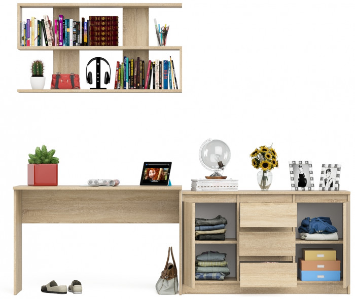 Мори Стол письменный МСП1200.1 + Комод МК1200.3 + Полка 1200, цвет дуб сонома, ШхГхВ 240,8х50х209,6 см., универсальная сборка