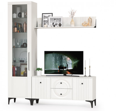 Валенсия Гостиная № 055, цвет ЛДСП белый шагрень/МДФ белый шагрень, ШхГхВ 188,1х38,3х225,2 см., универсальная сборка