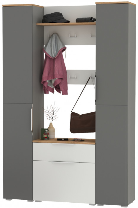 Октава Прихожая 51, белый шагрень/серый графит/дуб крафт золотой/фасады МДФ белый шагрень/серый графит