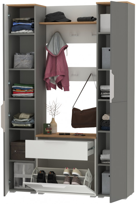 Октава Прихожая 51, белый шагрень/серый графит/дуб крафт золотой/фасады МДФ белый шагрень/серый графит