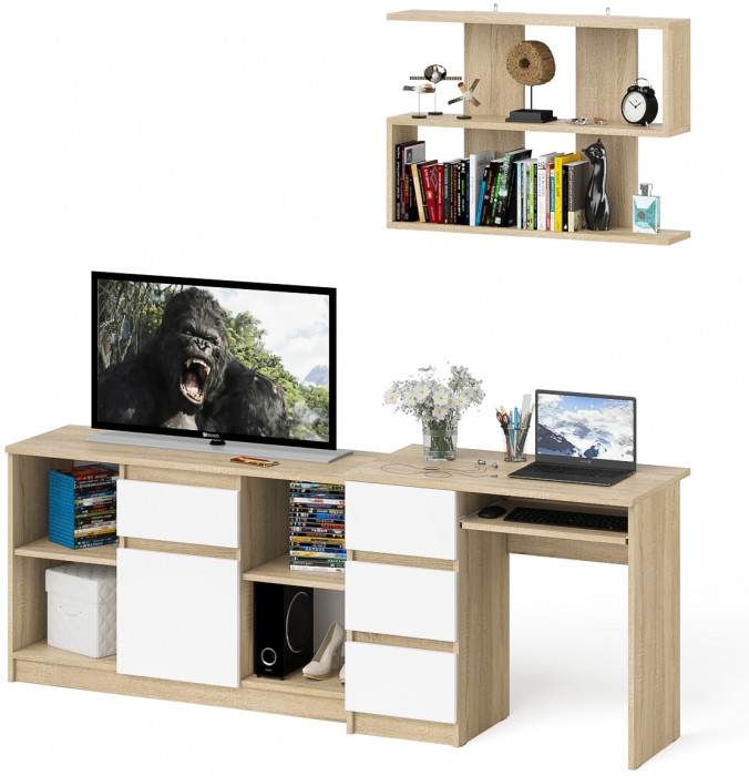 Мори компьютерный стол МС-6 левый + Тумба МТВ1204.1 + Полка 900, дуб сонома/белый