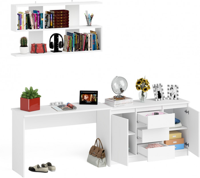 Мори письменный стол МСП1200.1 + Комод МК1200.3 + Полка 1200, белый