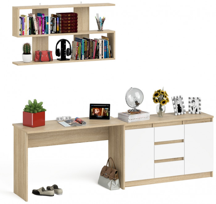 Мори Стол письменный МСП1200.1 + Комод МК1200.3 + Полка 1200, цвет дуб сонома/белый, ШхГхВ 240,8х50х209,6 см., универсальная сборка