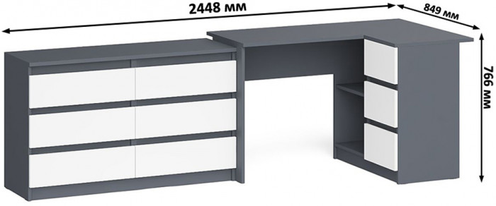 Мори Стол компьютерный МС-16 правый + Комод МК1200.6, цвет графит/белый, ШхГхВ 244,8х84,9х76,6 см., выдвижные ящики справа, НЕ универсальная сборка