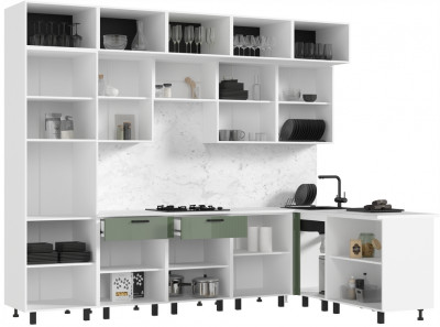 Кухня Техно 3,0х1,8/1080м Компоновка №8, Белый/Олива глянец