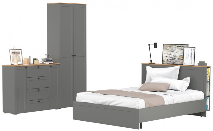 Остин 11.53 Кровать + ортопед + 16.307 Шкаф + 16.221 Комод, серый графит/дуб крафт золотой