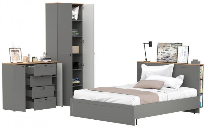 Остин 11.53 Кровать + ортопед + 16.307 Шкаф + 16.221 Комод, серый графит/дуб крафт золотой