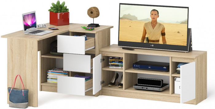 Мори компьютерный стол МС-16 правый + Тумба МТВ1200.1, дуб сонома/белый