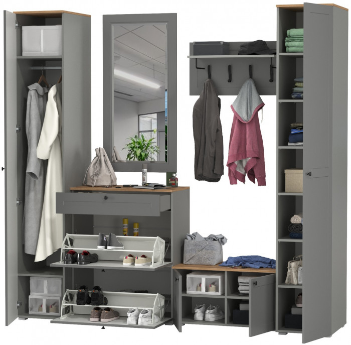 Остин Прихожая 46, цвет серый графит/дуб крафт золотой, ШхГхВ 240х54,3х229,6 см., универсальная сборка