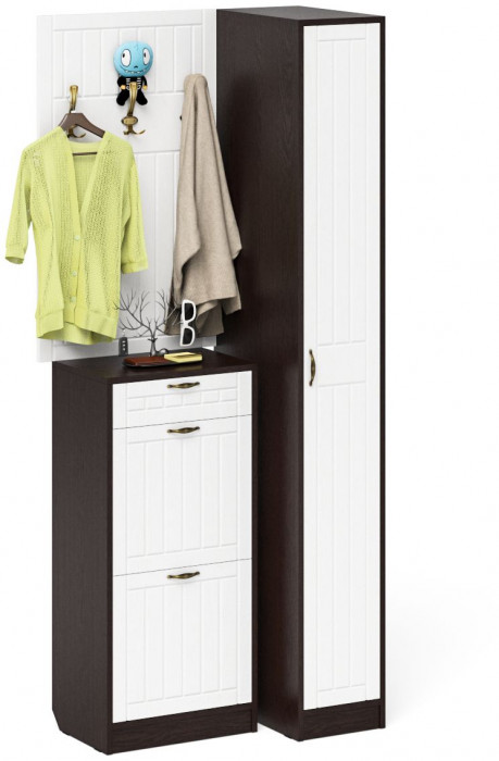 Прихожая П-6 Компоновка № 44, цвет венге/фасады МДФ белое дерево фрезеровка прованс, ШхГхВ 90х50х210 см., универсальная сборка