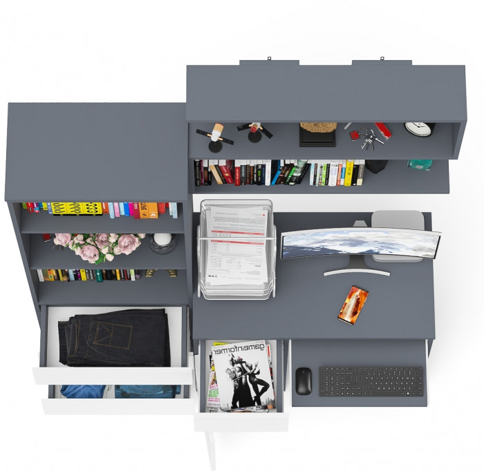 Мори компьютерный стол МС-1 левый + Стеллаж МСТ600.3 + Полка 900, графит/белый