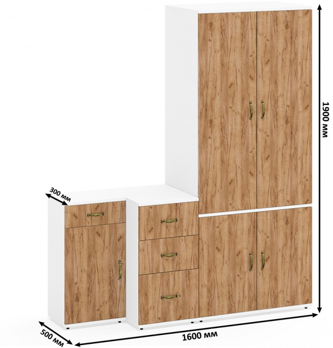 Лидер-8 Шкаф МД 19Б + Тумба МД 3.15 + Тумба МД 3.16, цвет белый шагрень/крафт золото, ШхГхВ 160х50х190 см., универсальная сборка