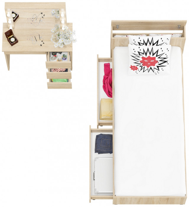 Ксения Кровать с ящиками 0900 + Стол косметический с подсветкой Сура, дуб сонома