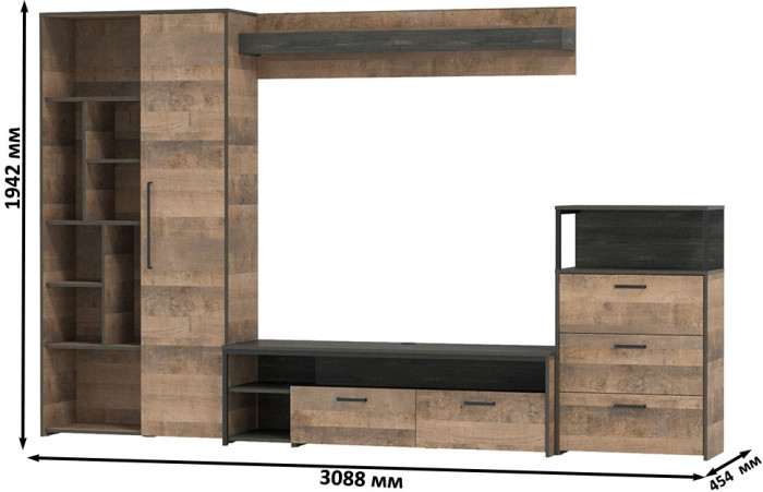 Трувор Гостиная 089, цвет дуб гранж песочный/интра, ШхГхВ 308,8х45,4х194,2 см., универсальная сборка