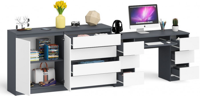 Мори компьютерный стол МС-2 + Комод МК1600.1, графит/белый