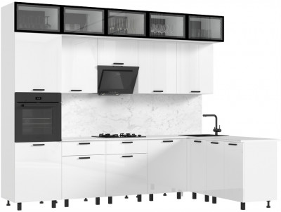 Кухня Техно 3,0х1,8/1080м Компоновка №8, Белый/Белый глянец