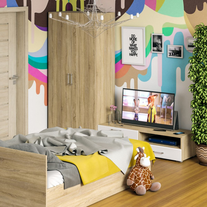 Спальня Стандарт 3-1400, дуб сонома/фасады ТВ тумбы МДФ белый глянец