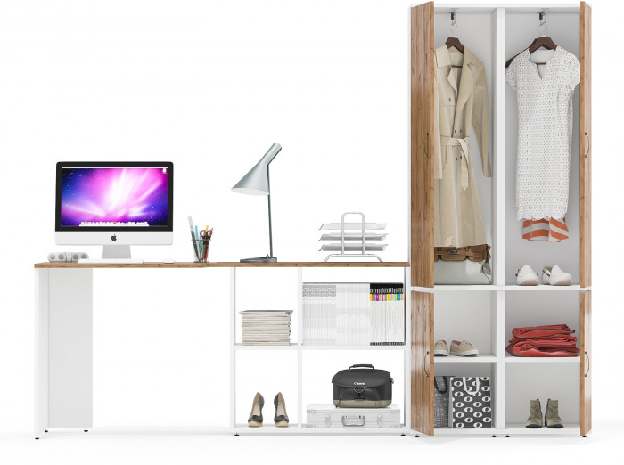 Лидер-8 Стол + Пенал МД 21Б + Пенал МД 21Б, цвет белый шагрень/крафт золото, ШхГхВ 245х50/37,5х75/190 или 115х160/50х75/190 см., НЕ ун. сборка