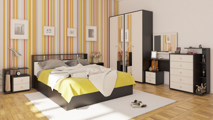 Камелия Кровать 1600 + две тумбы, цвет венге/дуб лоредо, ШхГхВ 276х217х78,2 см., сп.м. 1600х2000 мм., без матраса, основание есть