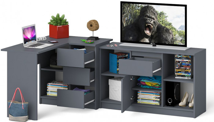 Мори компьютерный стол МС-16 правый + Тумба МТВ1204.1, графит