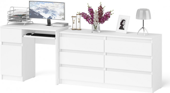 Мори Стол компьютерный МС-1 левый + Комод МК1380.6, цвет белый, ШхГхВ 228х50х76,6 см., выдвижной ящик слева, НЕ универсальная сборка