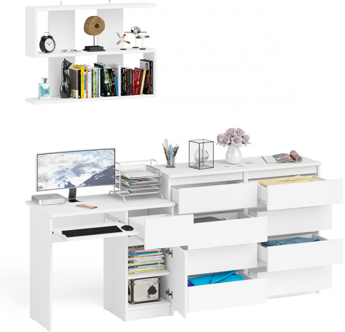 Мори Стол компьютерный МС-1 правый + Комод МК1200.8 + Полка 900, цвет белый, ШхГхВ 210,4х50х209,6 см., НЕ универсальная сборка