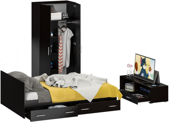 Спальня Стандарт 3-1400Я, венге/фасады ТВ тумбы МДФ чёрный глянец