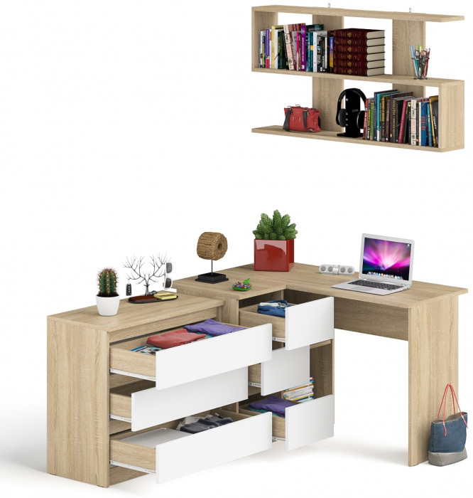 Мори компьютерный стол МС-16 левый + Комод МК800.1 + Полка 1200, дуб сонома/белый
