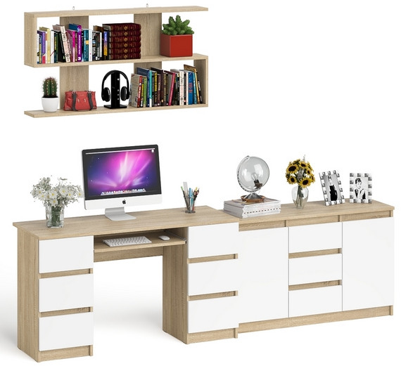 Мори компьютерный стол МС-2 + Комод МК1200.3 + Полка 1200, дуб сонома/белый