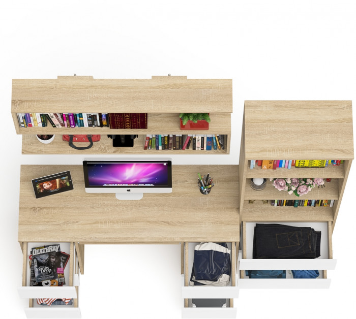 Мори компьютерный стол МС-2 + Стеллаж МСТ600.3 + Полка 1200, дуб сонома/белый