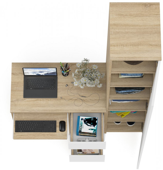 Мори компьютерный стол МС-6 правый + Пенал МШ400.1, дуб сонома/белый