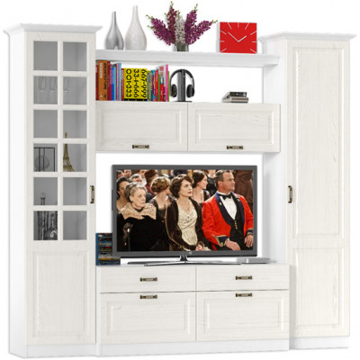 Ливерпуль Набор мебели 1, цвет ясень ваниль/белый, ШхГхВ 240х49,3х220,3 см.(без учёта карниза), ниша для тв 140х49х90 см.