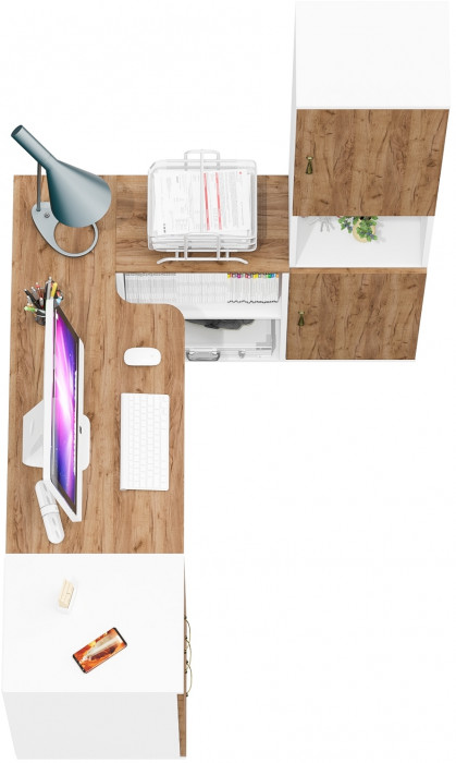 Лидер-8 Стол + Тумба МД 3.16 + Пенал, цвет белый шагрень/крафт золото, ШхГхВ 245х50/30х75/190 см. или 115х50/160х75/190 см., НЕ универсальная сборка