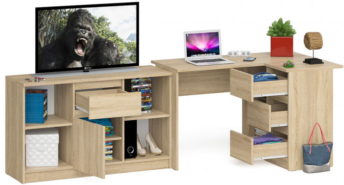 Мори компьютерный стол МС-16 правый + Тумба МТВ1204.1, дуб сонома