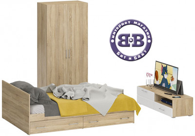 Спальня Стандарт 3-1400Я, дуб сонома/фасады ТВ тумбы МДФ белый глянец