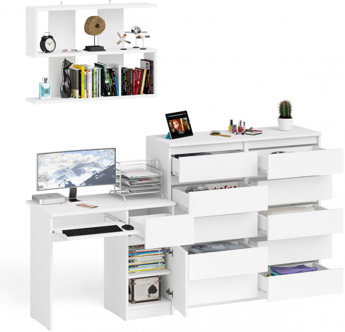 Мори компьютерный стол МС-1 правый + Комод МК1200.10 + Полка 900, белый