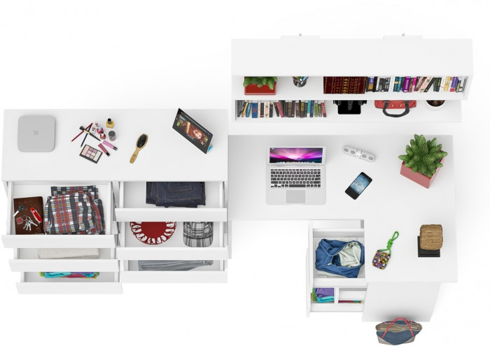 Мори компьютерный стол МС-16 правый + Комод МК1200.10 + Полка 1200, белый