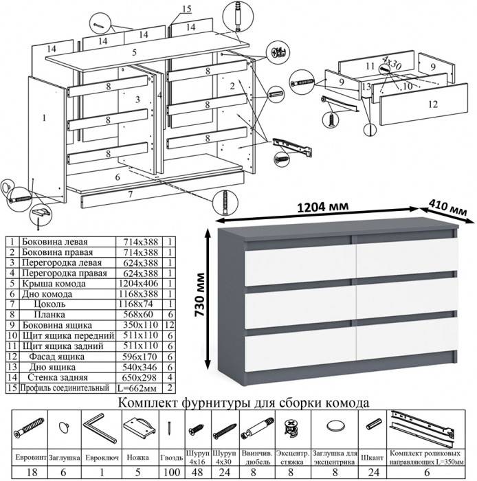Мори Комод МК1200.6, цвет графит/белый, ШхГхВ 120,4х41х73 см.