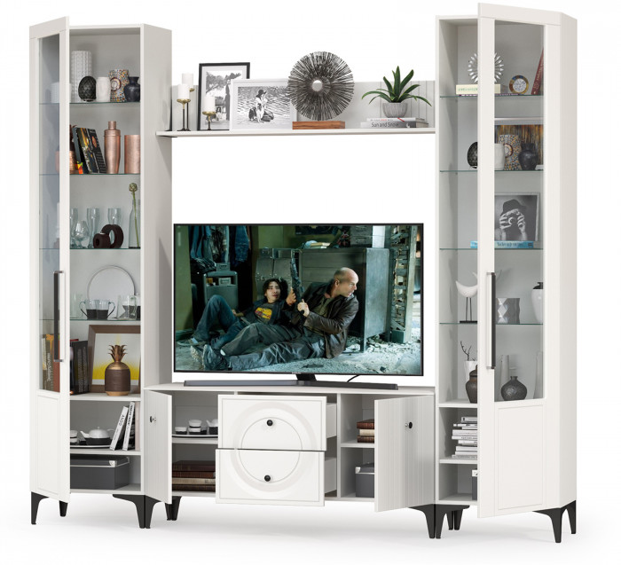 Валенсия Гостиная № 062, цвет ЛДСП белый шагрень/МДФ белый шагрень, ШхГхВ 243,1х38,3х225,2 см., ниша для ТВ 133х38х117 см.