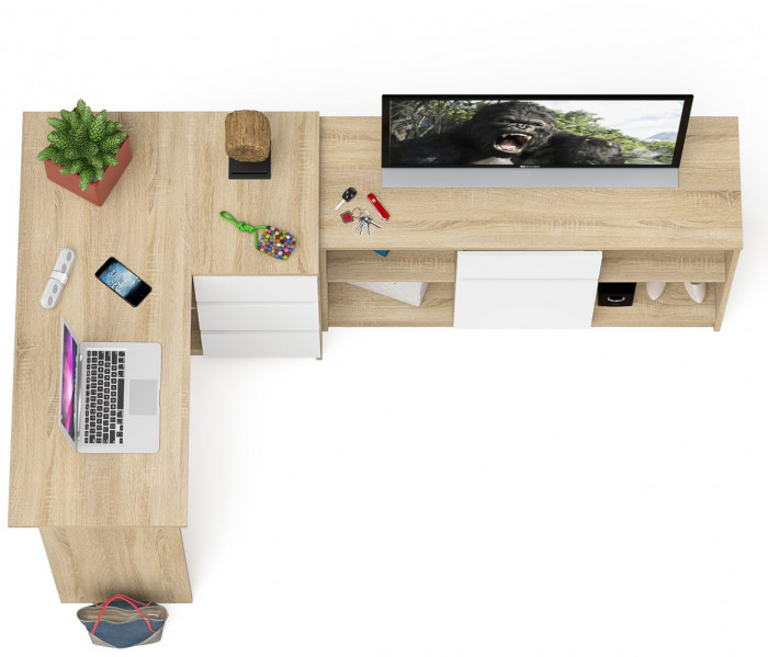 Мори компьютерный стол МС-16 правый + Тумба МТВ1204.1, дуб сонома/белый