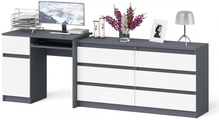 Мори Стол компьютерный МС-1 левый + Комод МК1380.6, цвет графит/белый, ШхГхВ 228х50х76,6 см., выдвижной ящик слева, НЕ универсальная сборка