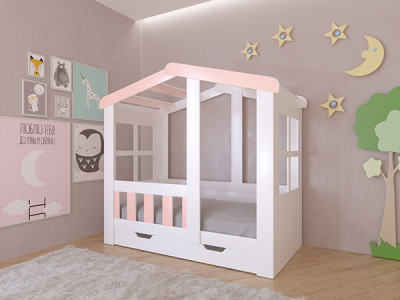 Кровать Астра Домик Белый/Розовый с ящиком