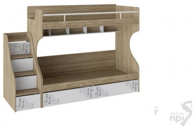 Оксфорд СМ-139.11.012 Кровать 2-х ярусная с лестницей приставной с ящиками (Ривьера/Белый с рисунком)