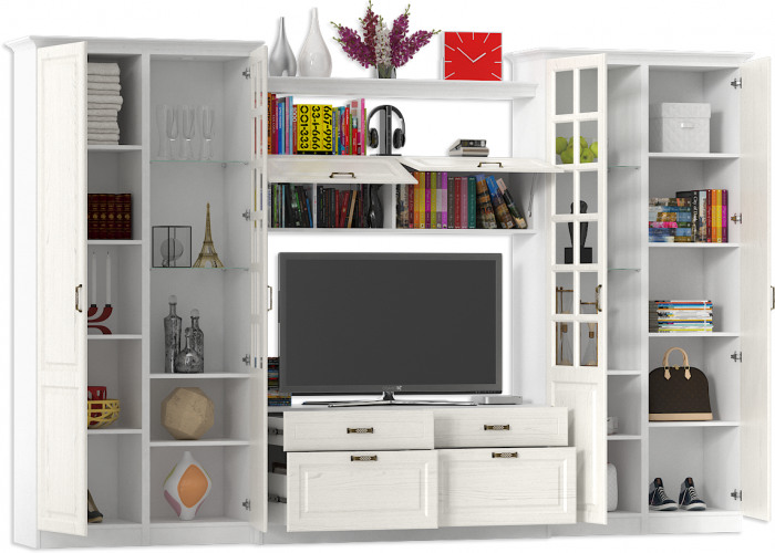 Ливерпуль Набор мебели 3, цвет ясень ваниль/белый, ШхГхВ 340х49,3х220,3 см.(без учёта карниза), ниша для тв 140х49х90 см.