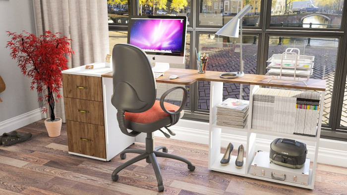 Лидер-8 Стол + Тумба МД 3.16, цвет белый шагрень/крафт золото, ШхГхВ 205х50/30х75 см. или 115х50/120х75 см., НЕ универсальная сборка