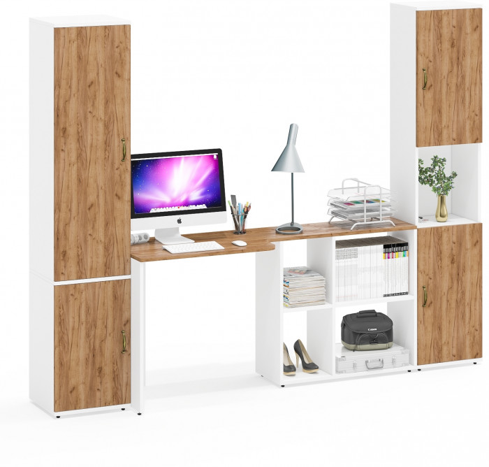 Лидер-8 Пенал МД 22Б + Стол + Пенал, цвет белый шагрень/крафт золото, ШхГхВ 245х50/37,5х75/190 или 155х120/50х75/190 см., НЕ универсальная сборка