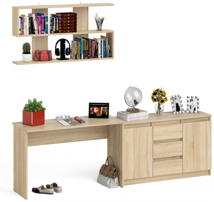 Мори Стол письменный МСП1200.1 + Комод МК1200.3 + Полка 1200, цвет дуб сонома, ШхГхВ 240,8х50х209,6 см., универсальная сборка