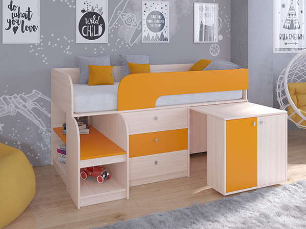Кровать чердак Астра 9 V7 Дуб молочный/Оранжевый